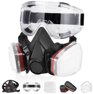 respirator gas mask - reusable face gas masks with safety glasses and 6001 filters for dust/gas/organic vapor/fume perfect for chemical, spray paint, painting, mold, resin, welding and sanding work