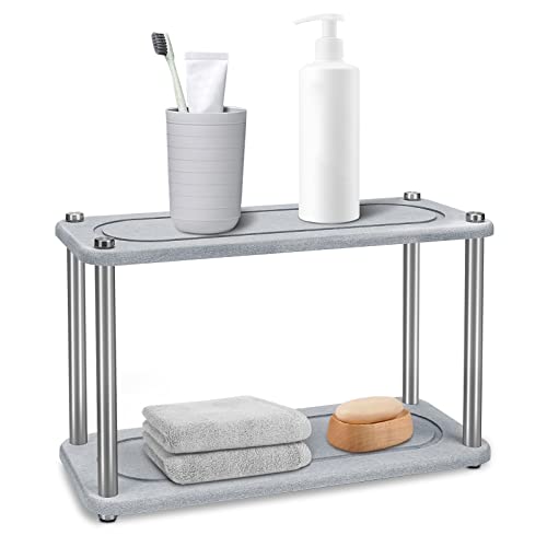 Home Sink Caddy, 2-Tier Instant Dry Sink Organizer, Fast Drying Stone Sink Tray For Kitchen Sink, Diatomaceous Pedastal Stand Riser With Stainless Steel Feet Protection for Modern Home (Grey)