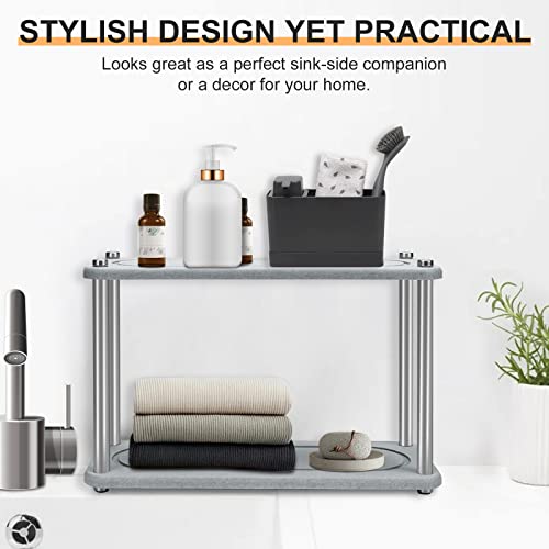 Home Sink Caddy, 2-Tier Instant Dry Sink Organizer, Fast Drying Stone Sink Tray For Kitchen Sink, Diatomaceous Pedastal Stand Riser With Stainless Steel Feet Protection for Modern Home (Grey)