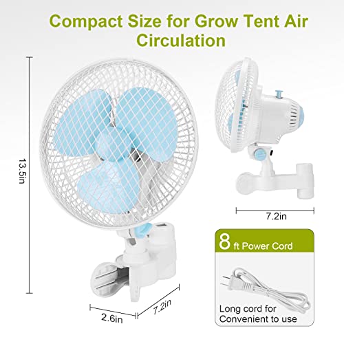 blessny 6" Grow Tent Fan Oscillating for Pole Mount 0.59-1 in, 8 Ft Long Cord Small Clip-on Fan for Home Growing, 20W 2-Speeds 39dB Quiet with Heavy Duty Clamp