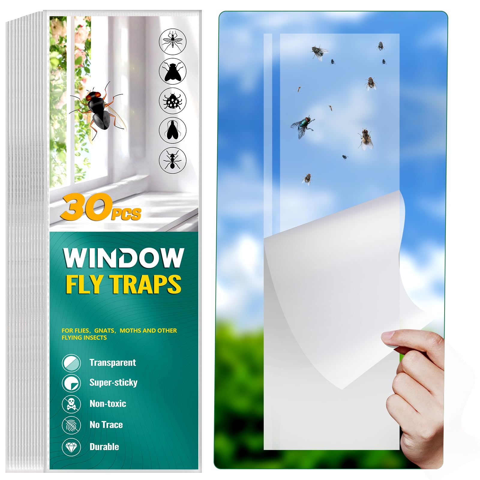 30 Pack Fruit Fly Traps Indoor, Non-Toxic Window Fly Trap Catcher Clear Trap for Home, Flies Traps Kitchen, Paper Sticky Strips, Flying Insect Traps for Bugs Mosquito Gnat, Lady Bug Killer Traps