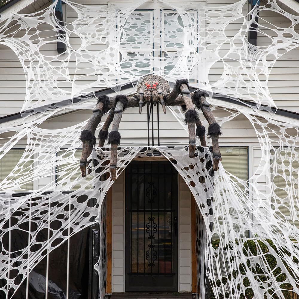 AKEROCK Giant Spider Webs Halloween Decorations Outdoor, Stretchy Gauze Cobwebs, Cut-Your-Own Fake Spider Webbing for Halloween Decor Outside House - White