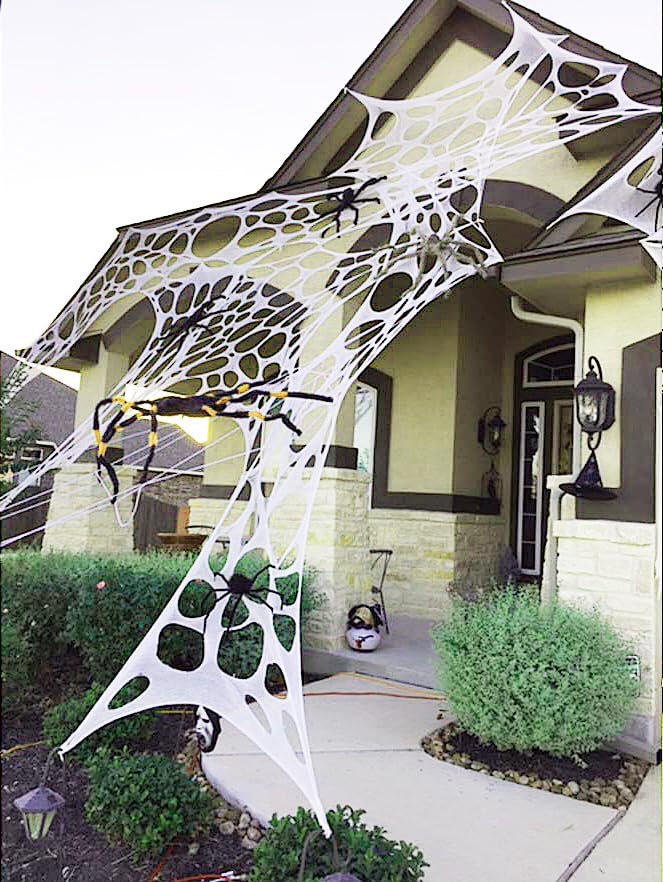 AKEROCK Giant Spider Webs Halloween Decorations Outdoor, Stretchy Gauze Cobwebs, Cut-Your-Own Fake Spider Webbing for Halloween Decor Outside House - White