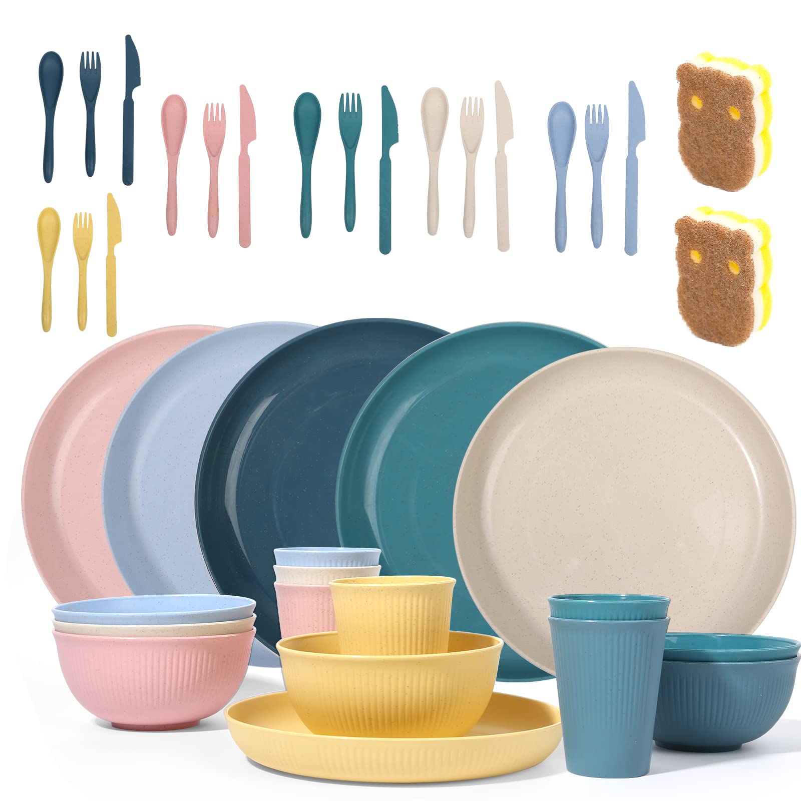 Wheat Straw Dinnerware Sets -DAPIPIK 36 Piece Unbreakable Dinnerware Sets for 6, Wheat Straw Plates and Bowls Set, Lightweight Camping Plates Cups and Bowls Set.Dishwasher Microwave Safe Dinnerware