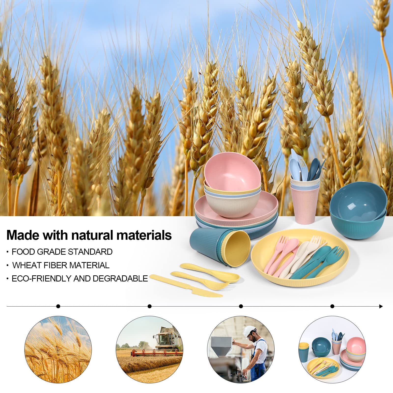 Wheat Straw Dinnerware Sets -DAPIPIK 36 Piece Unbreakable Dinnerware Sets for 6, Wheat Straw Plates and Bowls Set, Lightweight Camping Plates Cups and Bowls Set.Dishwasher Microwave Safe Dinnerware