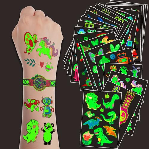 JCFIRE 35 Sheets Luminous Temporary Tattoo Kids, Mixed Styles Glow in Dark Party Favors, Kids Tattoos Stickers for Boys and Girls, Dinosaur Pirate Mermaid Animals Party Supplies Gifts for Children