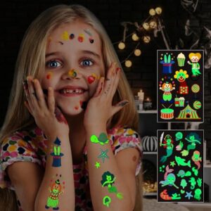 JCFIRE 35 Sheets Luminous Temporary Tattoo Kids, Mixed Styles Glow in Dark Party Favors, Kids Tattoos Stickers for Boys and Girls, Dinosaur Pirate Mermaid Animals Party Supplies Gifts for Children