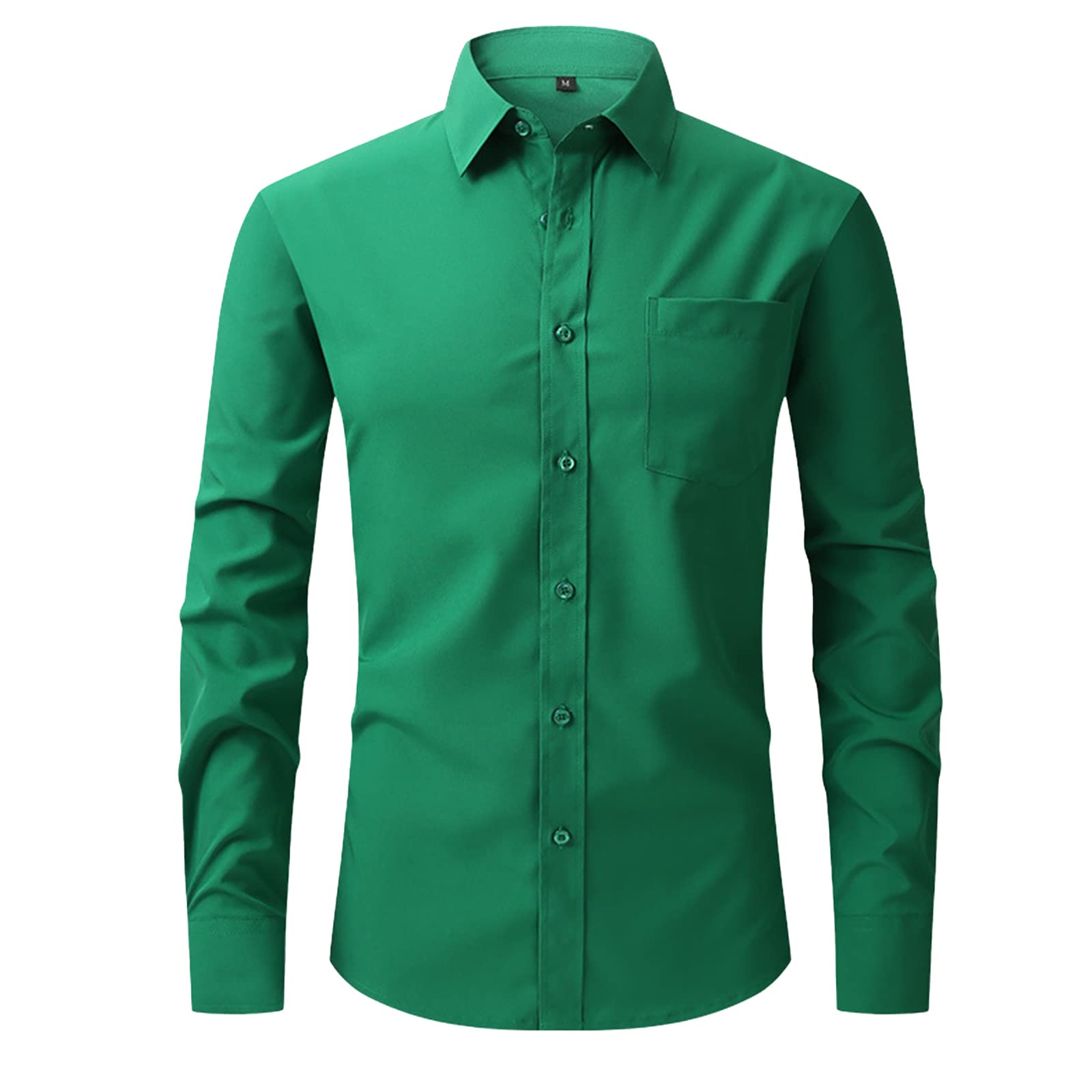 HOTIAN Men's Regular Fit Dress Shirt Stretch Button-Down Shirt Spread Collar Long Sleeve with Pockets (Green,X-Large)