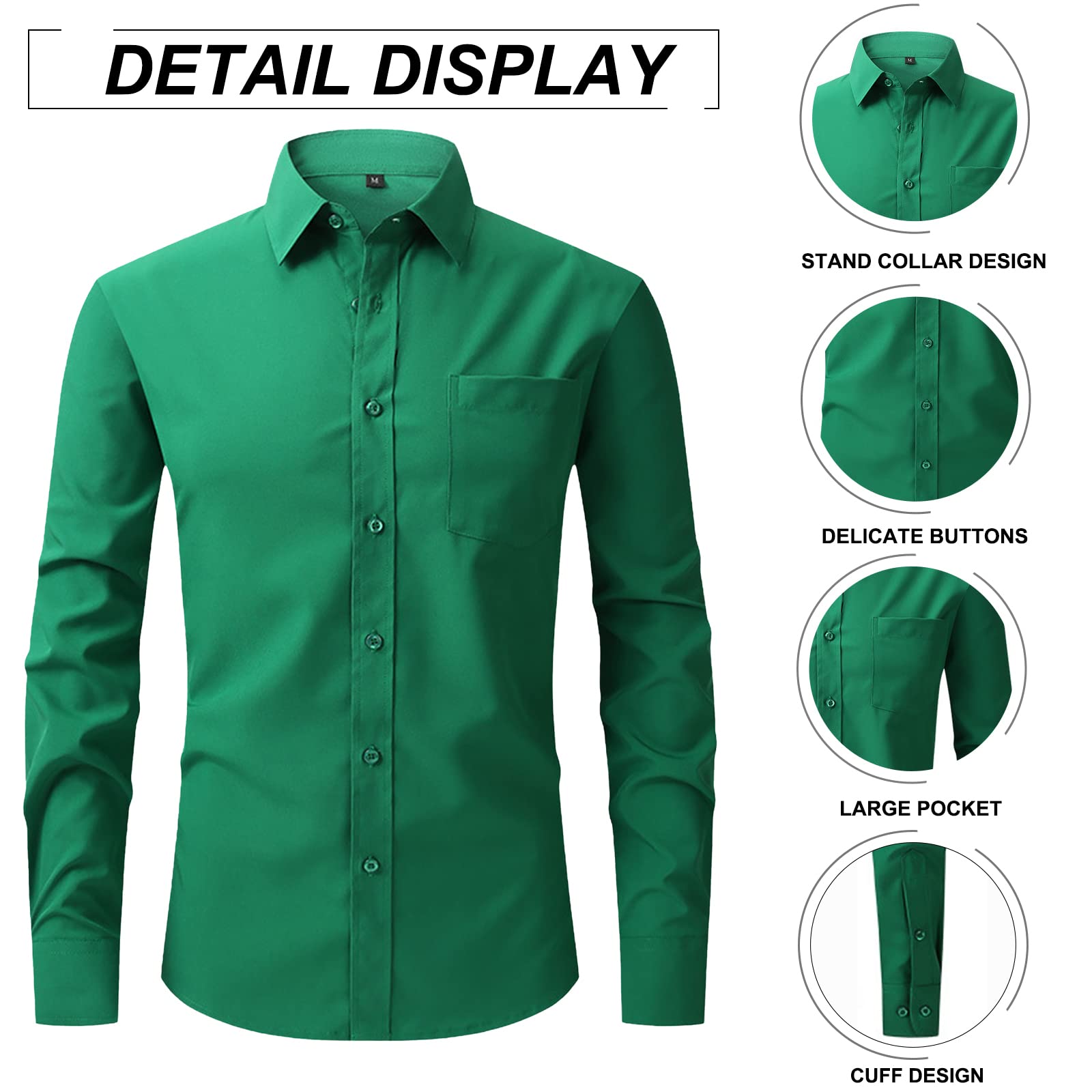 HOTIAN Men's Regular Fit Dress Shirt Stretch Button-Down Shirt Spread Collar Long Sleeve with Pockets (Green,X-Large)