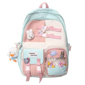 mwzing kawaii backpack with cute pin accessories plush pendant kawaii cute aesthetic backpack green
