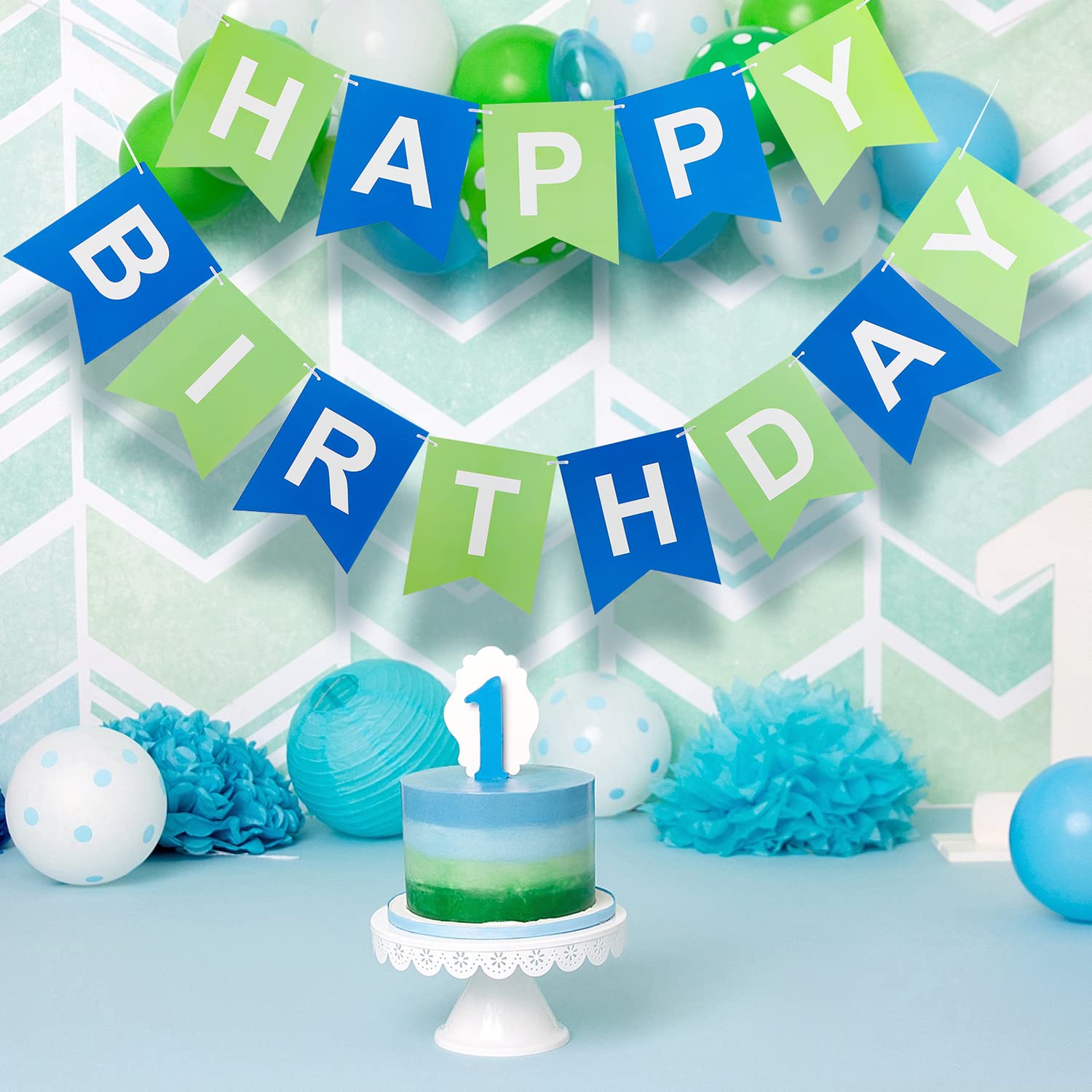 LITAUS, Green Blue Happy Birthday Banner - Pre-Strung, 9 ft, No DIY | Birthday Decorations | Happy Birthday Sign for Birthday Decor, Backdrop | Birthday Banner for Women, Men