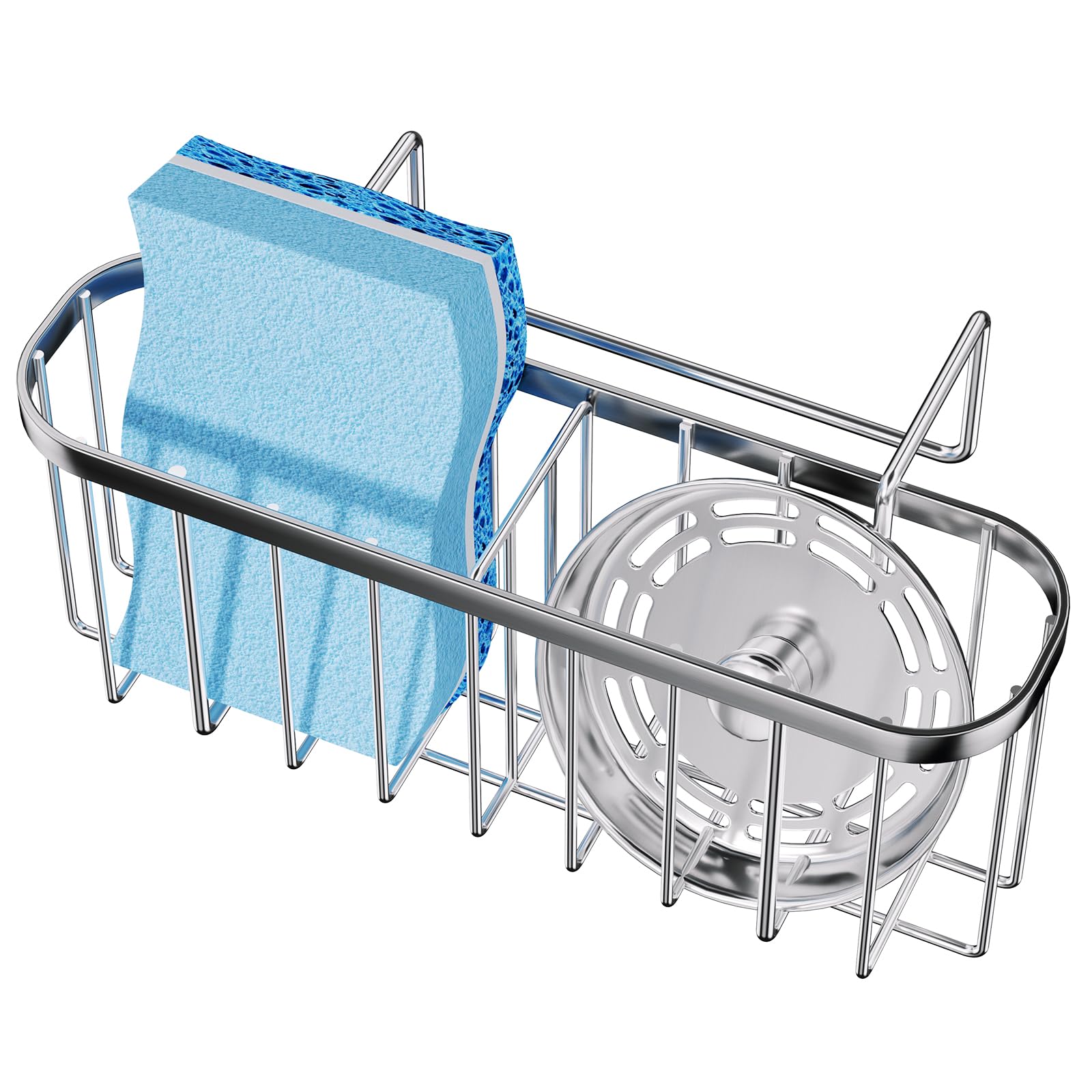 SWTYMIKI Sponge Holder for Kitchen Sink with Partition, Movable Kitchen Sink Caddy with Compact Size Rustproof and Waterproof Hanging Sink Sponge Caddy for Double Bowl Sinks, Silver