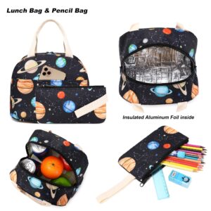 Yusudan Planets Girls School Backpack, 3 in 1 Set Kids Teens School Bag Bookbag with Lunch Bag Pencil Case