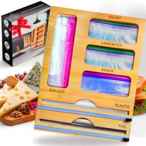seek&perceive 6in1 food storage bag organizer, baggie organizer for drawer-foil and plastic wrap organizer with cutter-bamboo kitchen organizers compatible with gallon,quart,snack,sandwich and 12"roll