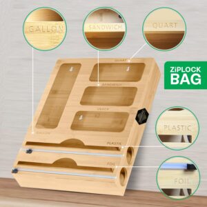 Seek&Perceive 6in1 Food Storage Bag Organizer, Baggie Organizer For Drawer-Foil and Plastic Wrap Organizer with Cutter-Bamboo Kitchen Organizers Compatible with Gallon,Quart,Snack,Sandwich and 12"Roll