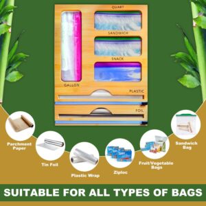Seek&Perceive 6in1 Food Storage Bag Organizer, Baggie Organizer For Drawer-Foil and Plastic Wrap Organizer with Cutter-Bamboo Kitchen Organizers Compatible with Gallon,Quart,Snack,Sandwich and 12"Roll