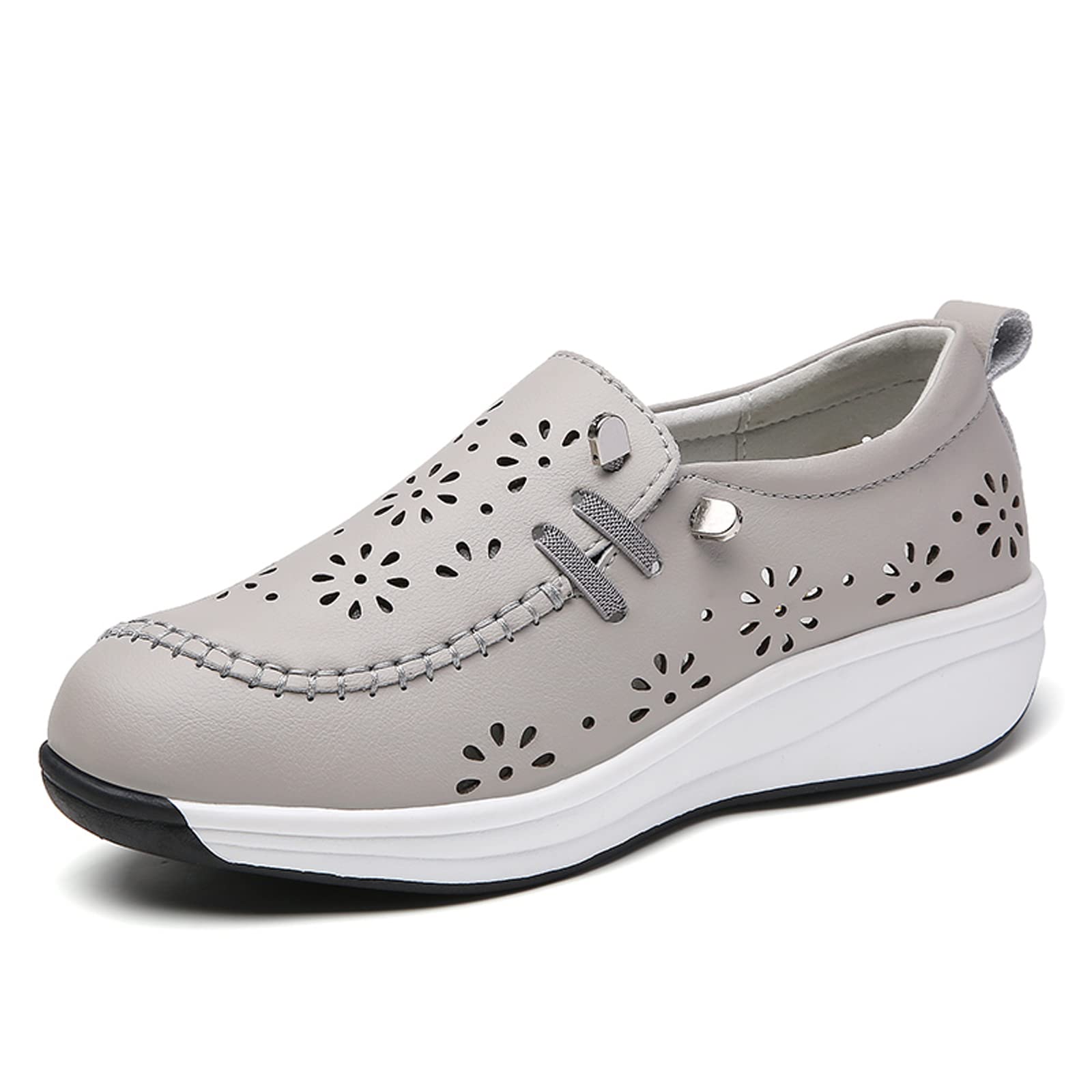 Women's Flower Shaped Cutout Leather Sneakers with Arch Support,Thick Sole Wedge Soft Elastic Comfortable Slip-On Loafers Casual Walking Shoes (Grey,7.5)