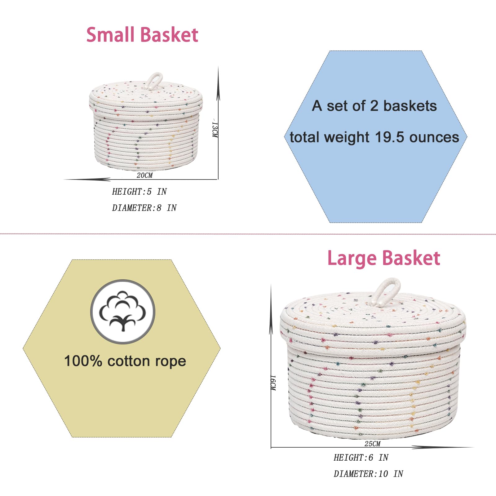 Lvfaismeg Round Basket with Lid-Set of 2 Rope Basket with lid,Natural Cotton Decorative Basket-Storage Baskets with Lids,Big Basket with Lid and Small Basket for Organizing(10"x6"/8"x5").