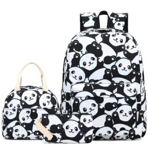 fuyicat panda school backpack set for girls, 3-in-1 kids teens elementary middle school bags bookbag with lunch bag pencil case