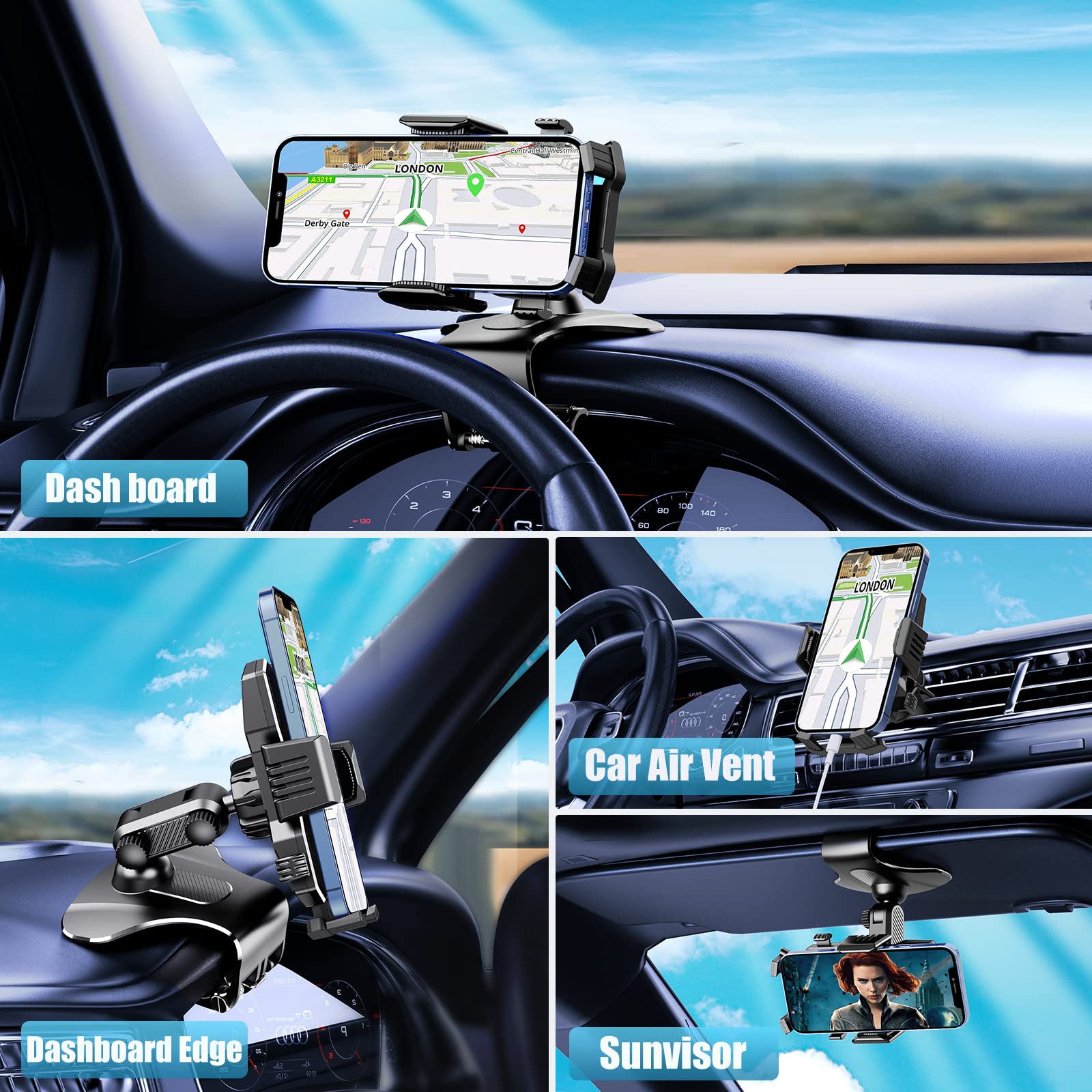 [2023 Upgraded] Phone Mount for Car Dashboard & Air Vent, 1200 Degree Rotation Car Phone Holder Mount with 3M Adhesive[Multi-Angles&Stable], Cell Phone Holder Car for iPhone Samsung All Smartphone