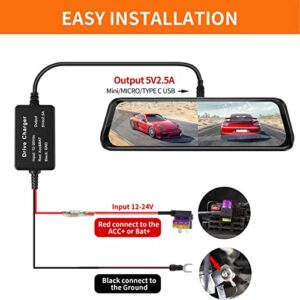 Acouto Dash Cam Hardwire Kit 12V-30V to 5V Car Dash Camera Power Cord Hardwiring Set for Mirror Cam GPS Navigator Radar Detector (Type C)