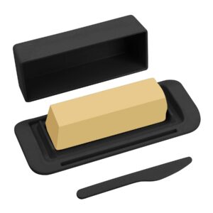 ecoway bamboo butter dish with lid and knife,small butter keeper for one stick of butter,butter holder container for refrigerator,countertop,dishwasher safe butter crock for kitchen & fridge,black