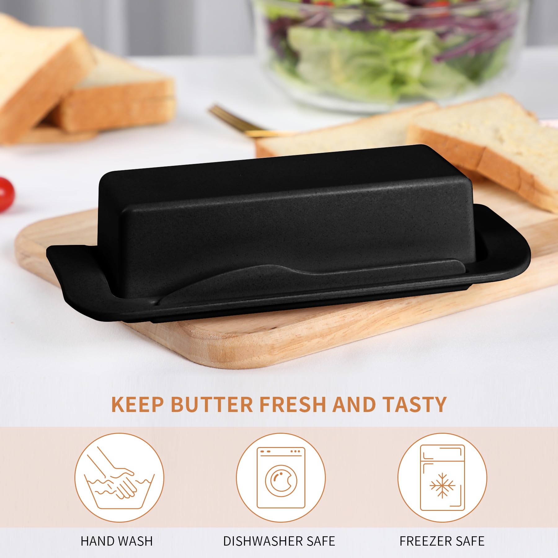 ECOWAY Bamboo Butter Dish with Lid and Knife,Small Butter Keeper for One Stick of Butter,Butter Holder Container for Refrigerator,Countertop,Dishwasher Safe Butter Crock for Kitchen & Fridge,Black