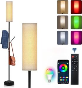 elinkume led floor lamp for living room,67" modern floor lamp with remote,dimmable rgb clothes hanging standing lamp-remote & wifi app controlled, includes 9w bulb for bedroom,corner space