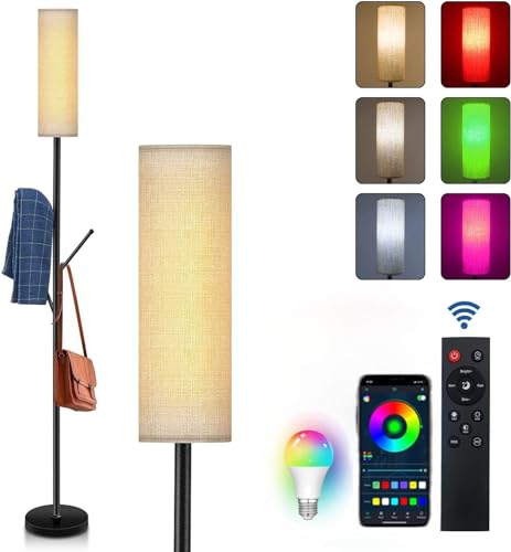 ELINKUME LED Floor Lamp for Living Room,67" Modern Floor Lamp with Remote,Dimmable RGB Clothes Hanging Standing Lamp-Remote & WiFi APP Controlled, Includes 9W Bulb for Bedroom,Corner Space