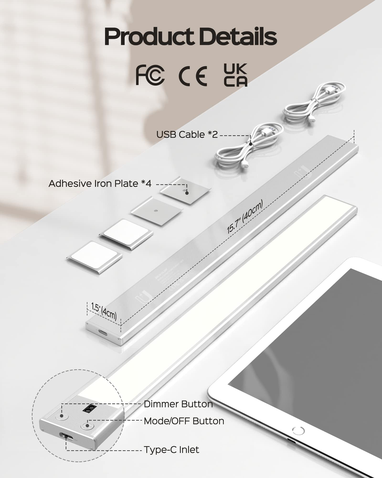 JACKYLED 2 Pack 16in Under Cabinet Lights for Kitchen, Under Cabinet Task Lighting Updated Wave Sensor Indoor, 65 LED Rechargeable 3000mAh Battery Under Counter Lights in Kitchen, Closet, Bedroom