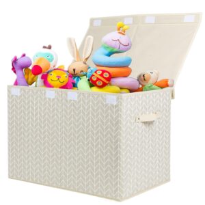 mayniu large toy storage box chest with lid, sturdy toys boxes bin organizer baskets for nursery, closet, bedroom, playroom 25"x13" x16" (beige)