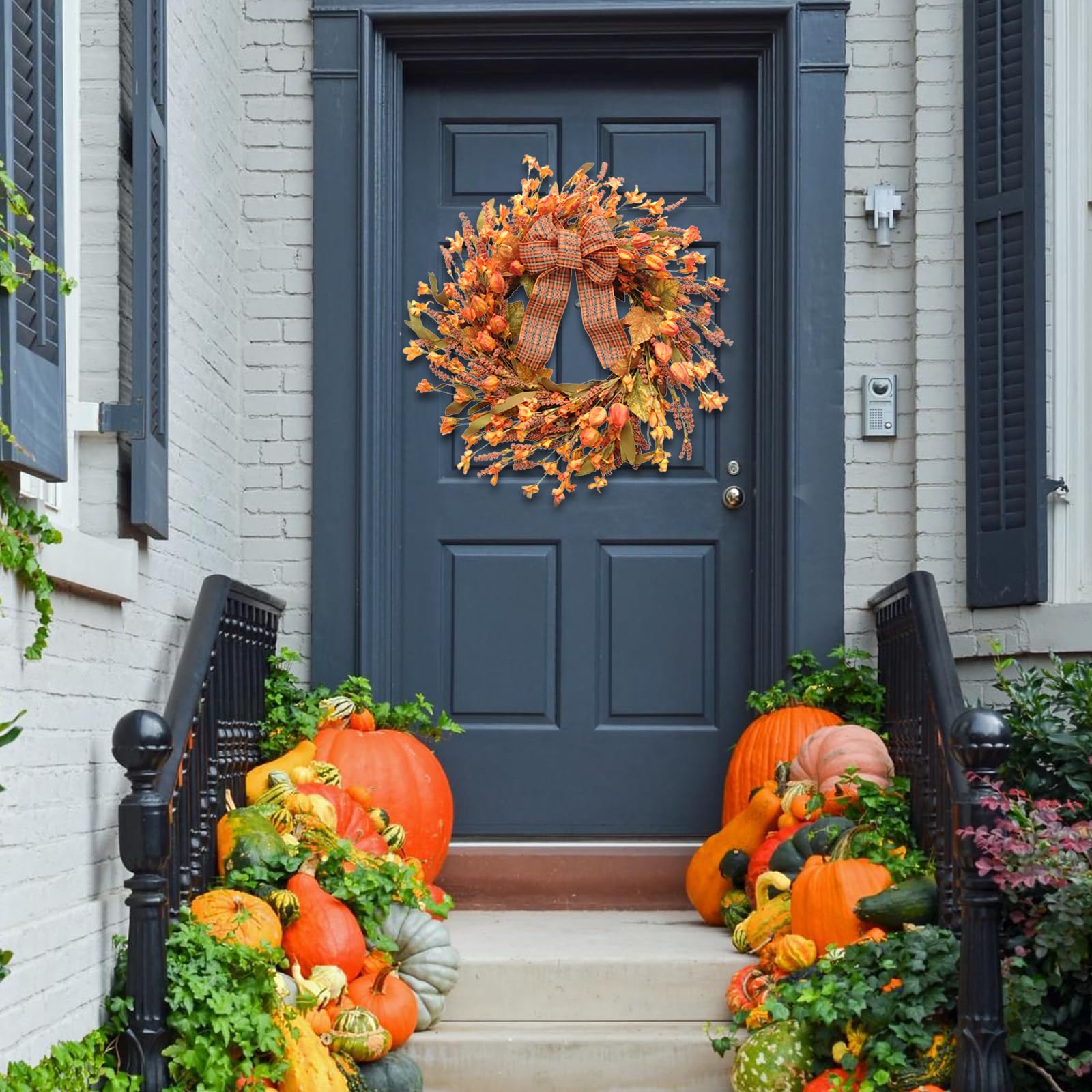 Idyllic 18 Inches Artificial Fall Wreath, Autumn Wreath with Berries & Leaves, Thanksgiving Harvest Front Door Wreath for Home Farmhouse Halloween Thanksgiving Day Festival Celebration Decor