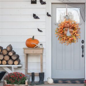 Idyllic 18 Inches Artificial Fall Wreath, Autumn Wreath with Berries & Leaves, Thanksgiving Harvest Front Door Wreath for Home Farmhouse Halloween Thanksgiving Day Festival Celebration Decor