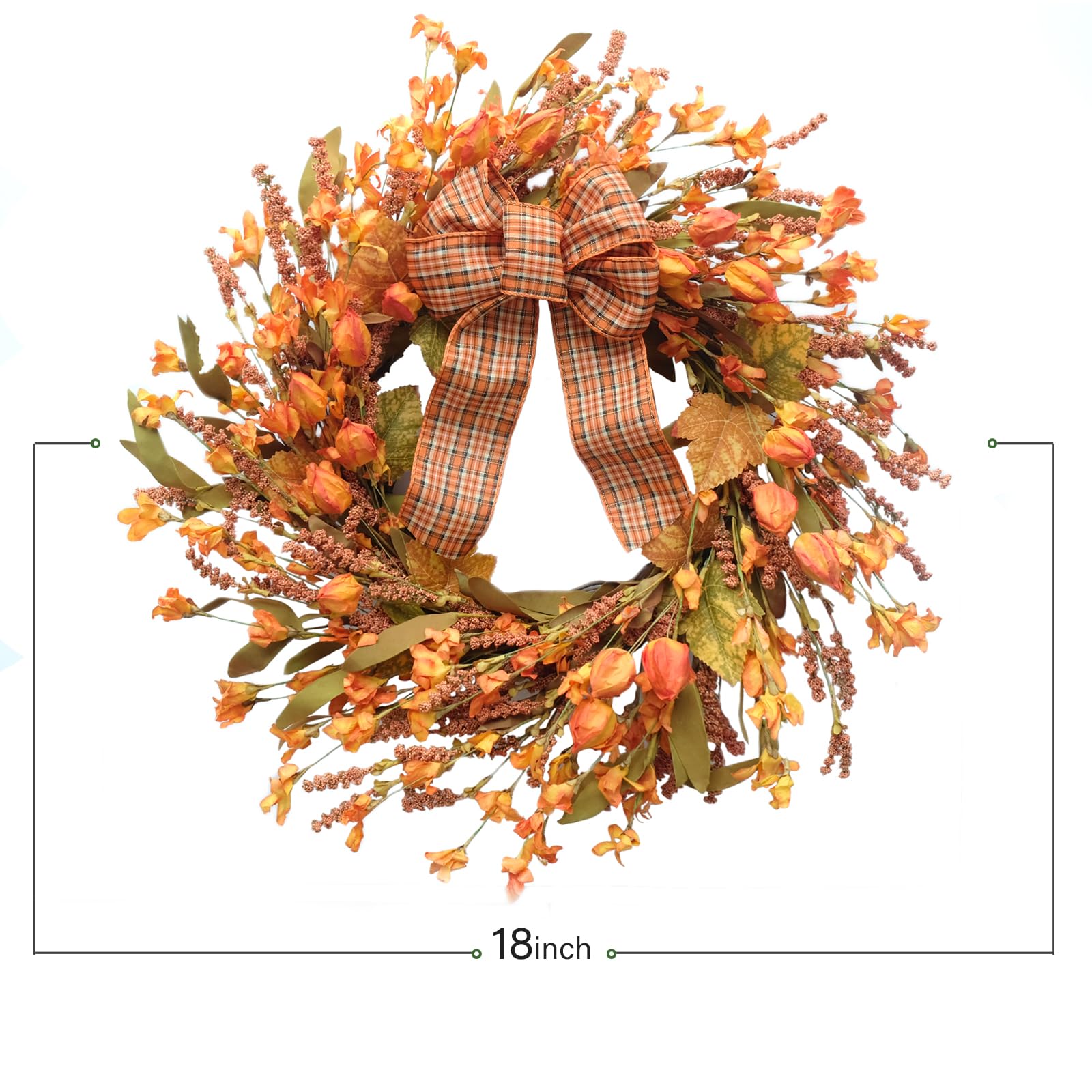 Idyllic 18 Inches Artificial Fall Wreath, Autumn Wreath with Berries & Leaves, Thanksgiving Harvest Front Door Wreath for Home Farmhouse Halloween Thanksgiving Day Festival Celebration Decor