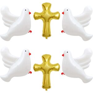 6pcs gold cross shape balloons white doves balloons large baptism party helium foil balloons for first communion god bless christening memorial theme birthday wedding party decorations supplies