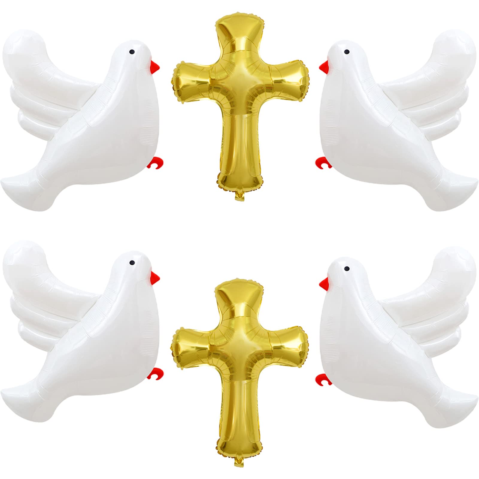 6Pcs Gold Cross Shape Balloons White Doves Balloons Large Baptism Party Helium Foil Balloons for First Communion God Bless Christening Memorial Theme Birthday Wedding Party Decorations Supplies