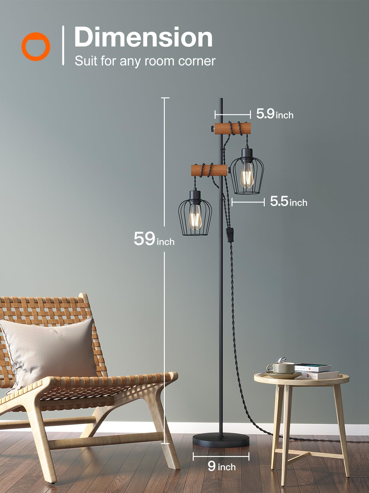 addlon Industrial Vintage Floor Lamp, Ajustable Farmhouse Floor Lamp, Wood Standing Lamp with Sturdy Base Rustic Tall Pole Light, Unique Tree Floor Lamps for Living Room Bedroom Office (2Bulb)