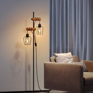 addlon Industrial Vintage Floor Lamp, Ajustable Farmhouse Floor Lamp, Wood Standing Lamp with Sturdy Base Rustic Tall Pole Light, Unique Tree Floor Lamps for Living Room Bedroom Office (2Bulb)