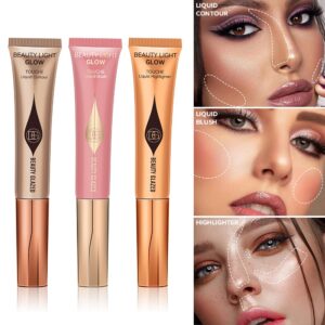 3PCS Liquid Contour Beauty Wand, Highlighter and Bronzer Stick with Cushion Applicator Attached Easy to Blend, Lightweight Silky Cream Contour Face Illuminator Makeup Stick (Contour+Highlighter+Blush)