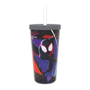 Zak Designs Marvel Spider-Man Across the Spider-Verse Movie Plastic Tumbler with Splash-Proof Lid and Straw, Durable Double-Wall Insulated Travel Cup Fits in Car Drink Holders (16oz, Non-BPA)