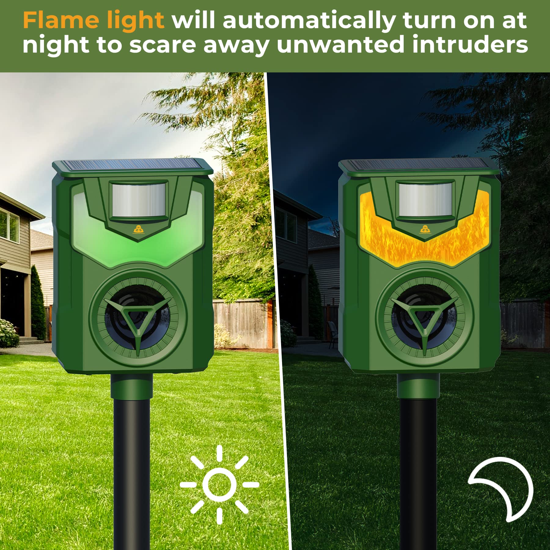 Careland Upgraded Solar Animal Repeller Ultrasonic Deer Repellent Devices with Motion Sensor and Flame Light Cat Repellent Outdoor Waterproof Dog Raccoon Skunk Deterrent (Green 1Pack)