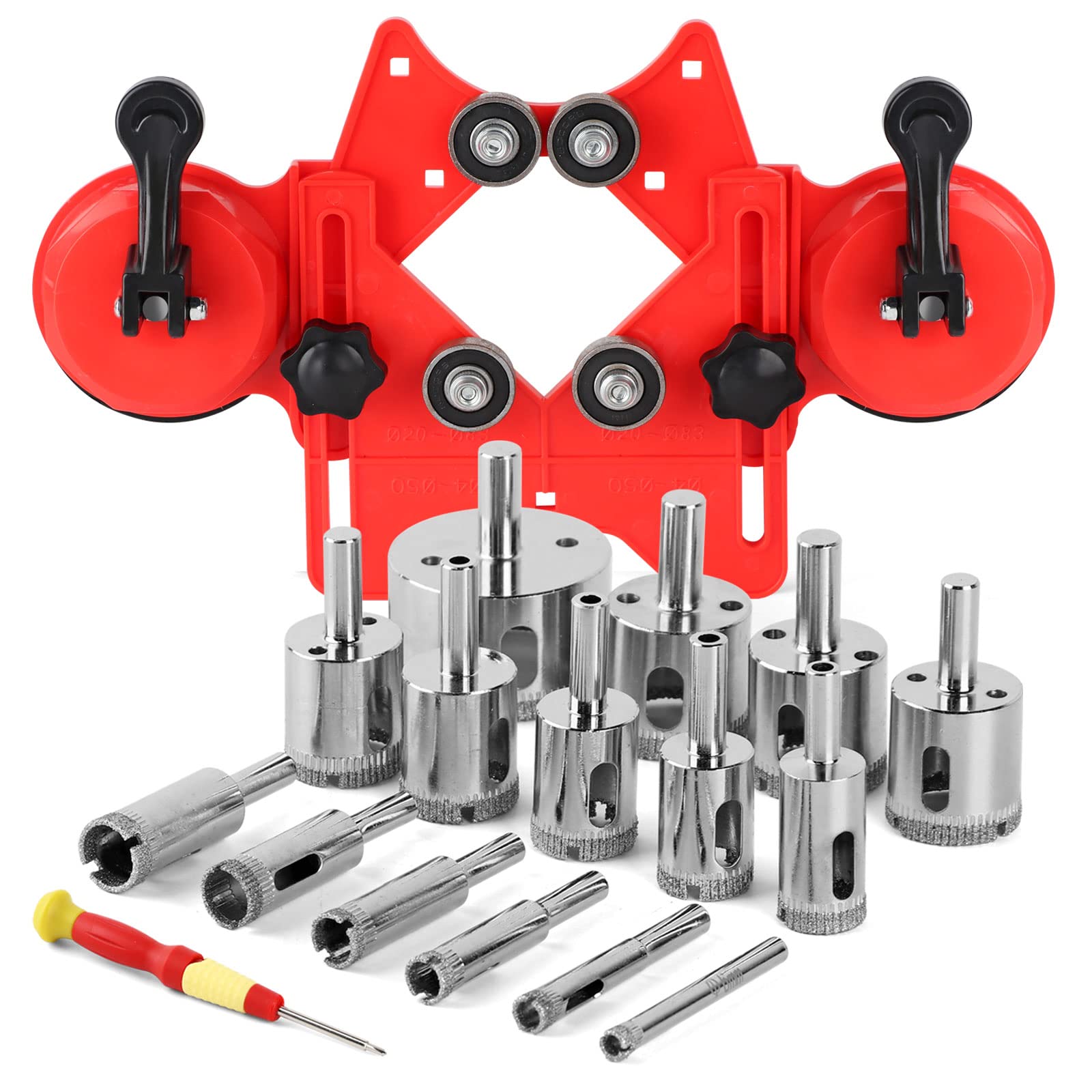 WORKEASE Diamond Hole Saw Set, 17 Pcs Tile Hole Saw Kit with Double Suction Cups Hole Saw Guide Jig Fixture from 0.24''- 1.97'' for Ceramic Glass Tile Porcelain Marble