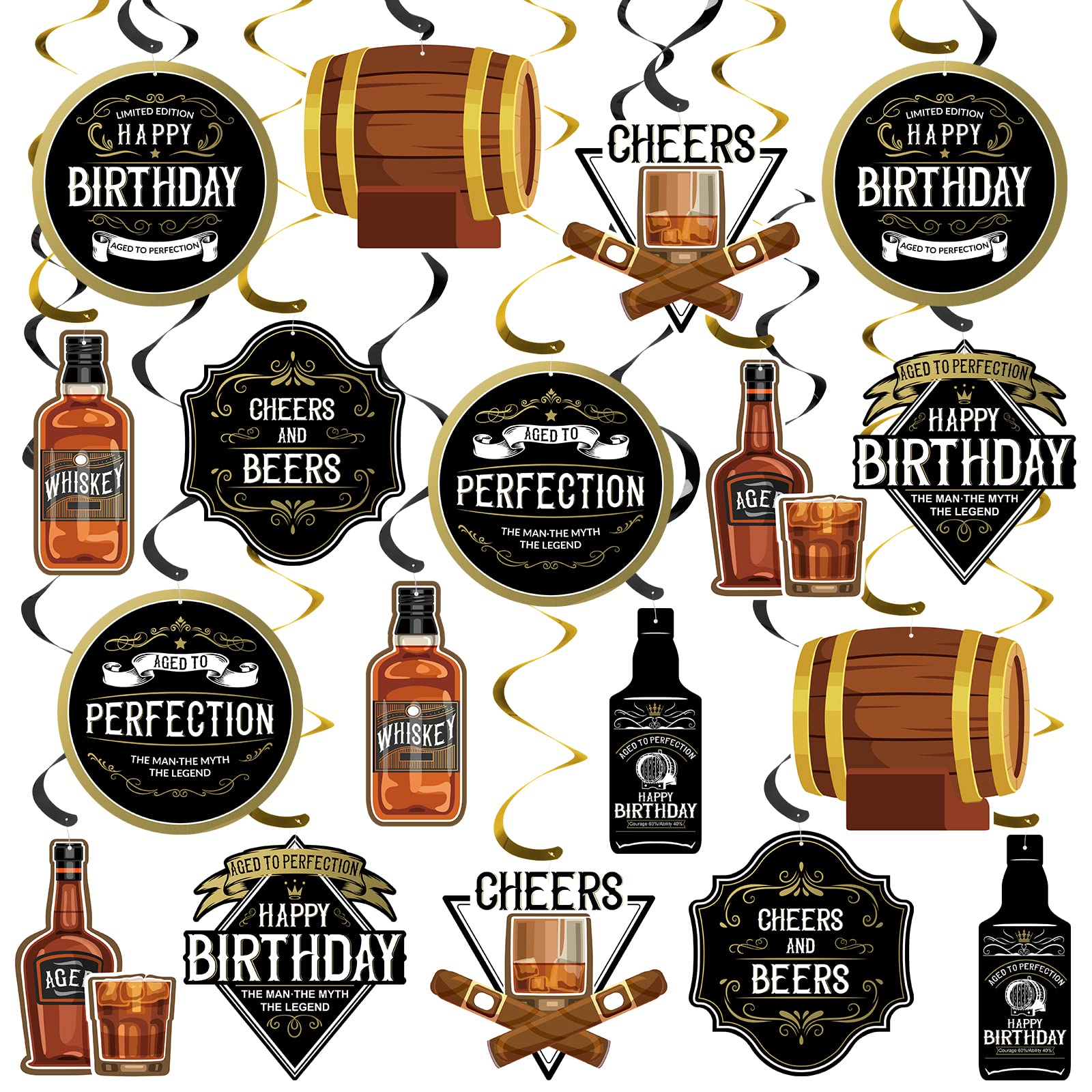 Whiskey Birthday Party Decorations for Men Aged to Perfection Hanging Swirls Whiskey Hanging Swirls for 30th 40th 50th 60th 70th 80th Birthday Decorations