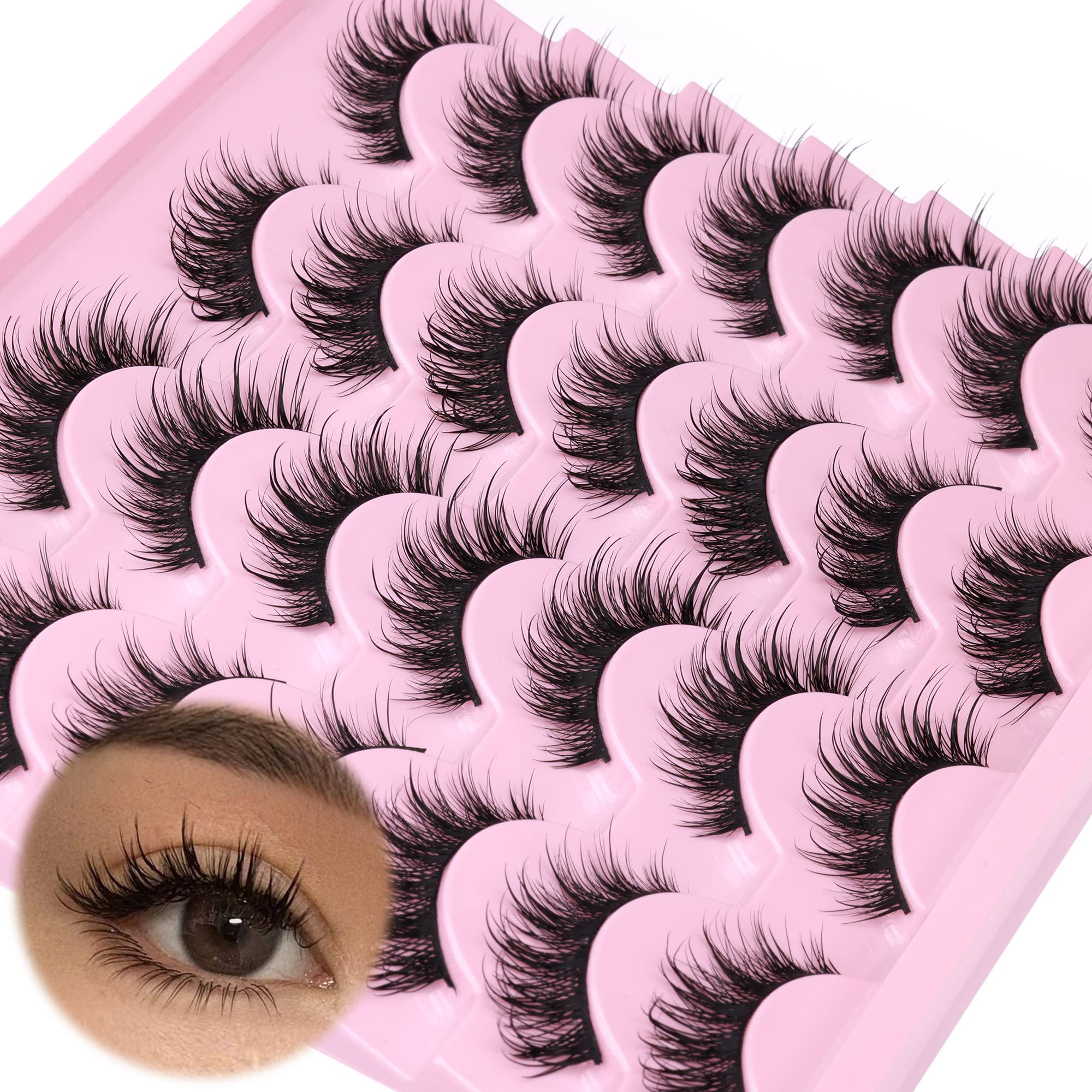 Natural False Lashes Wet Look Cat Eye Lashes Wispy Asian False Eyelashes 3D Mink Lashes 16mm Thai Fairy Lashes 14 Pairs Fake Eyelashes Pack