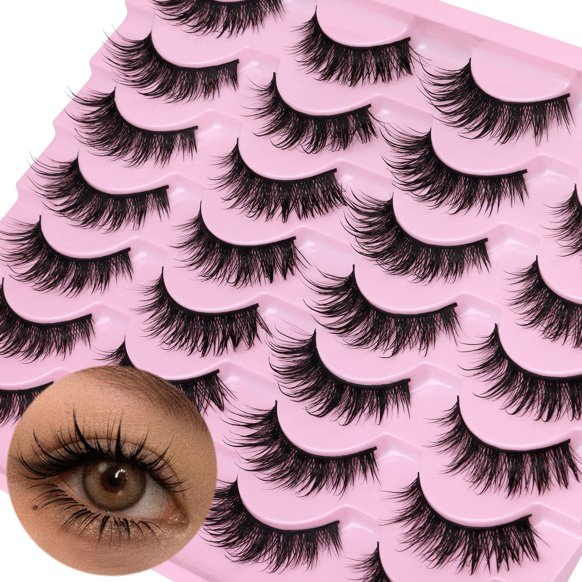 Natural False Lashes Wet Look Cat Eye Lashes Wispy Asian False Eyelashes 3D Mink Lashes 16mm Thai Fairy Lashes 14 Pairs Fake Eyelashes Pack