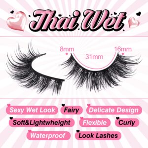 Natural False Lashes Wet Look Cat Eye Lashes Wispy Asian False Eyelashes 3D Mink Lashes 16mm Thai Fairy Lashes 14 Pairs Fake Eyelashes Pack