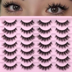 Natural False Lashes Wet Look Cat Eye Lashes Wispy Asian False Eyelashes 3D Mink Lashes 16mm Thai Fairy Lashes 14 Pairs Fake Eyelashes Pack