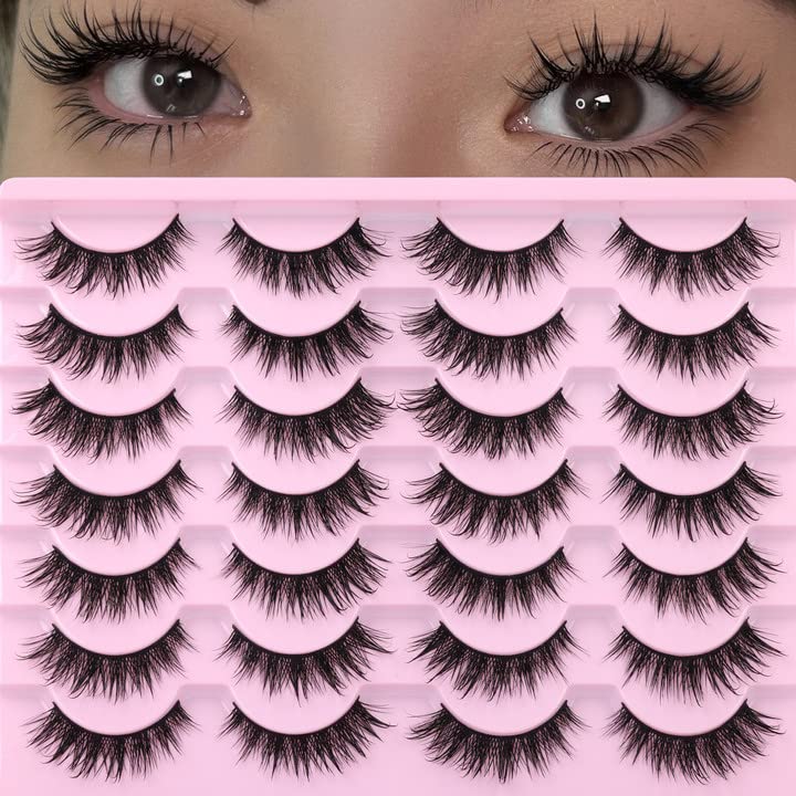 Natural False Lashes Wet Look Cat Eye Lashes Wispy Asian False Eyelashes 3D Mink Lashes 16mm Thai Fairy Lashes 14 Pairs Fake Eyelashes Pack