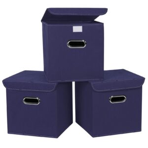 storeone foldable storage bins cubes storage organizer with lid,fabric cube storage box with handle,for home bedroom office,closet, clothes, toys,3 pack,（navy blue