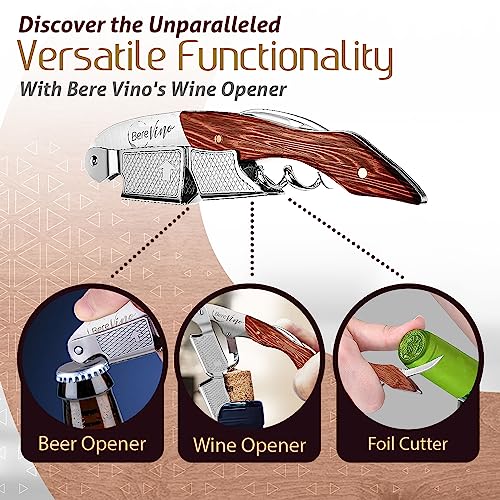 Bere Vino Stainless Steel Wine Opener - Professional Corkscrews for Wine Bottles w/Foil Cutter and Cap Remover - Manual Wine Key for Servers, Waiters, Bartenders and Home Use - Classic Rosewood